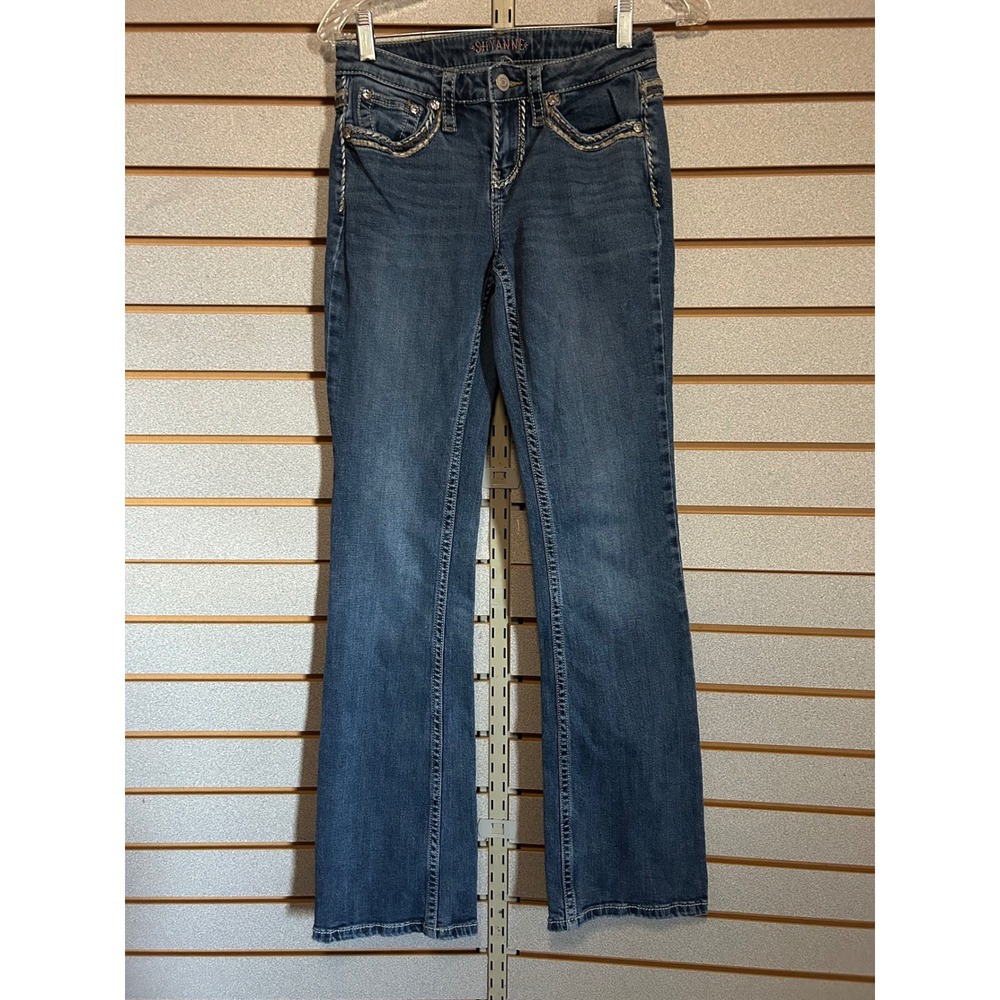Shyanne Womens Bootcut Jeans Medium Wash Thick Stitch Rhinestone 27x34 Western